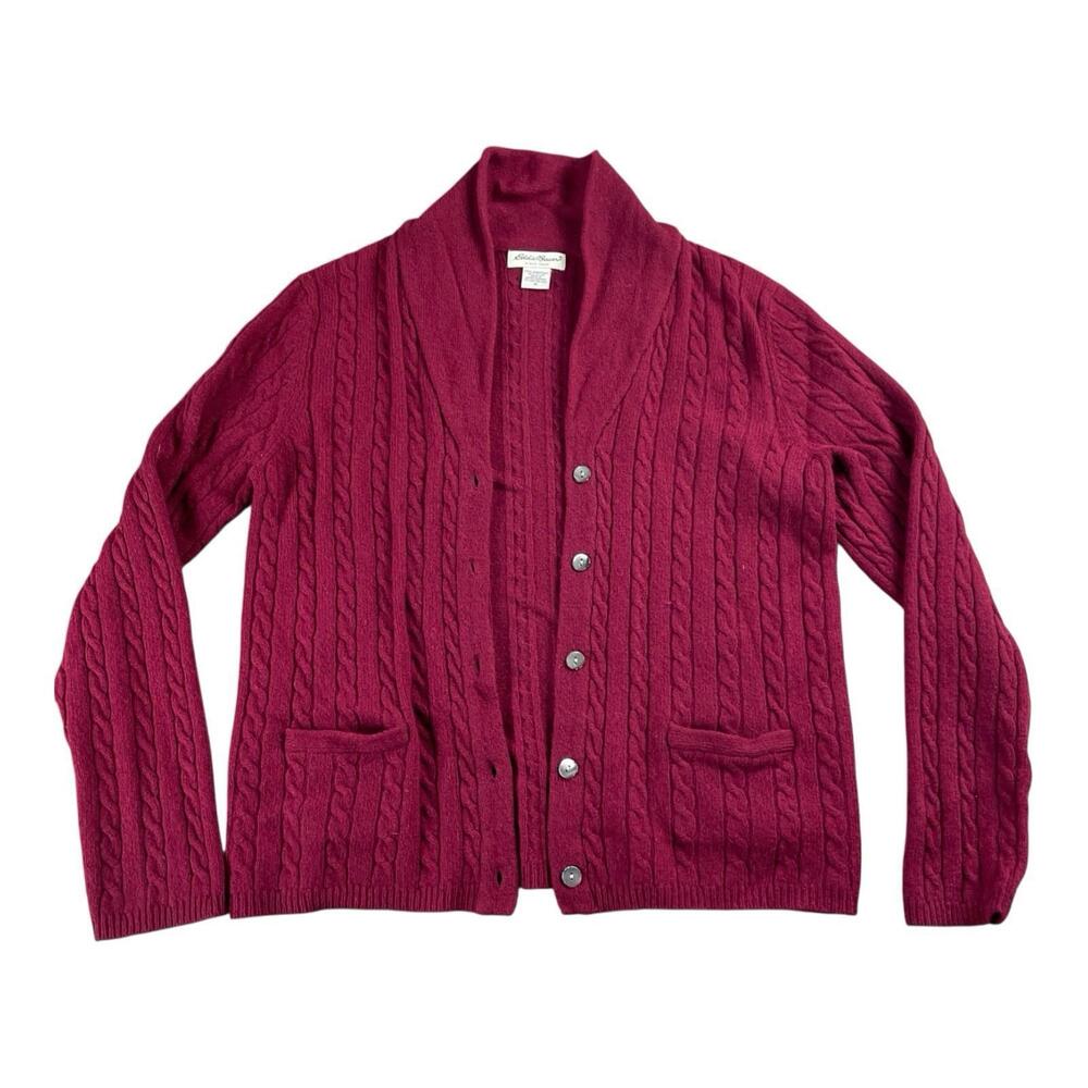 Eddie Bauer UK Lambswool Cardigan Cable Knit Sweater Women's Medium Red